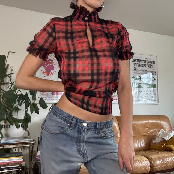 CHANEL (EU 34) SHEER BLOUSE PLAID GINGAM RUFFLE COLLAR - Picture 13 of 14